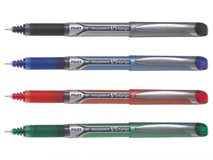 Vier rollerpennen Pilot Hi-tecpoint V5 Grip in de kleuren zwart, blauw, rood en groen
